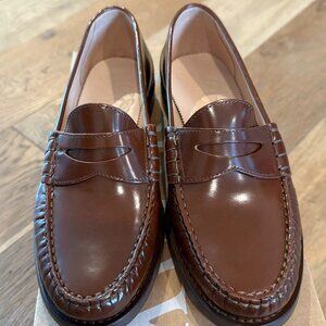 NEW in box J. Crew Winona penny loafers in spazzolato leather, Rich Caramel